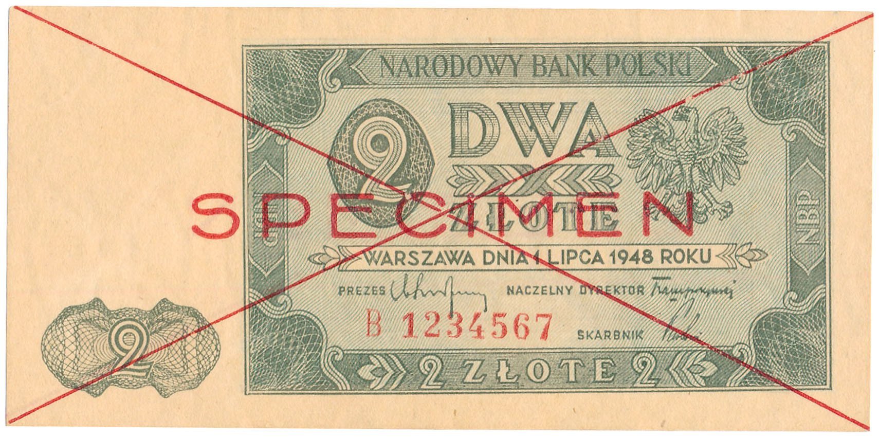 Banknot. WZÓR / SPECIMEN 2 złote 1948 seria B - RZADKOŚĆ R6